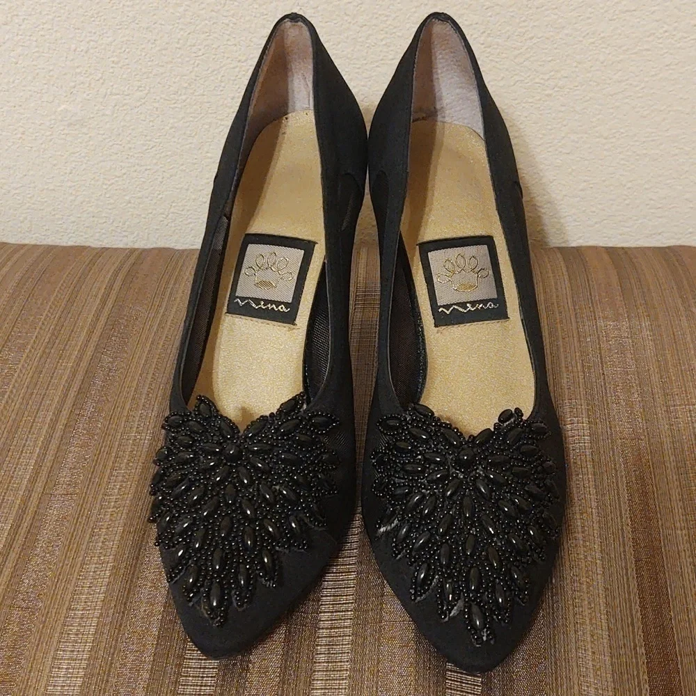 Nina Black Mesh and Beaded Pumps